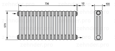 Схема (чертеж) Радиатор Zehnder Charleston 3057/16 №1670 Technoline TL
